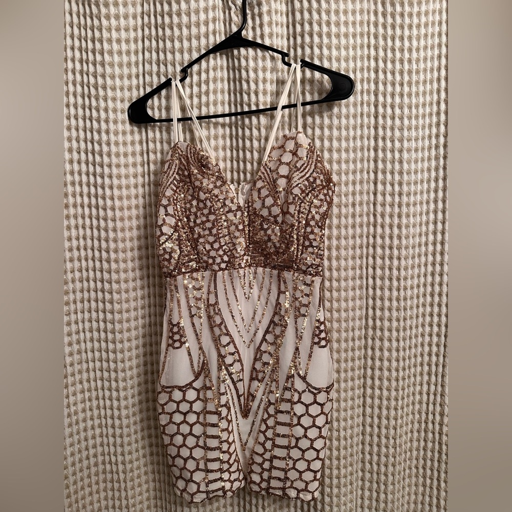 White and Gold Sequin Mini Dress